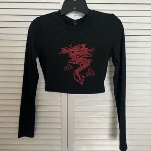SHEIN Black Crop Top with Red Dragon Motif